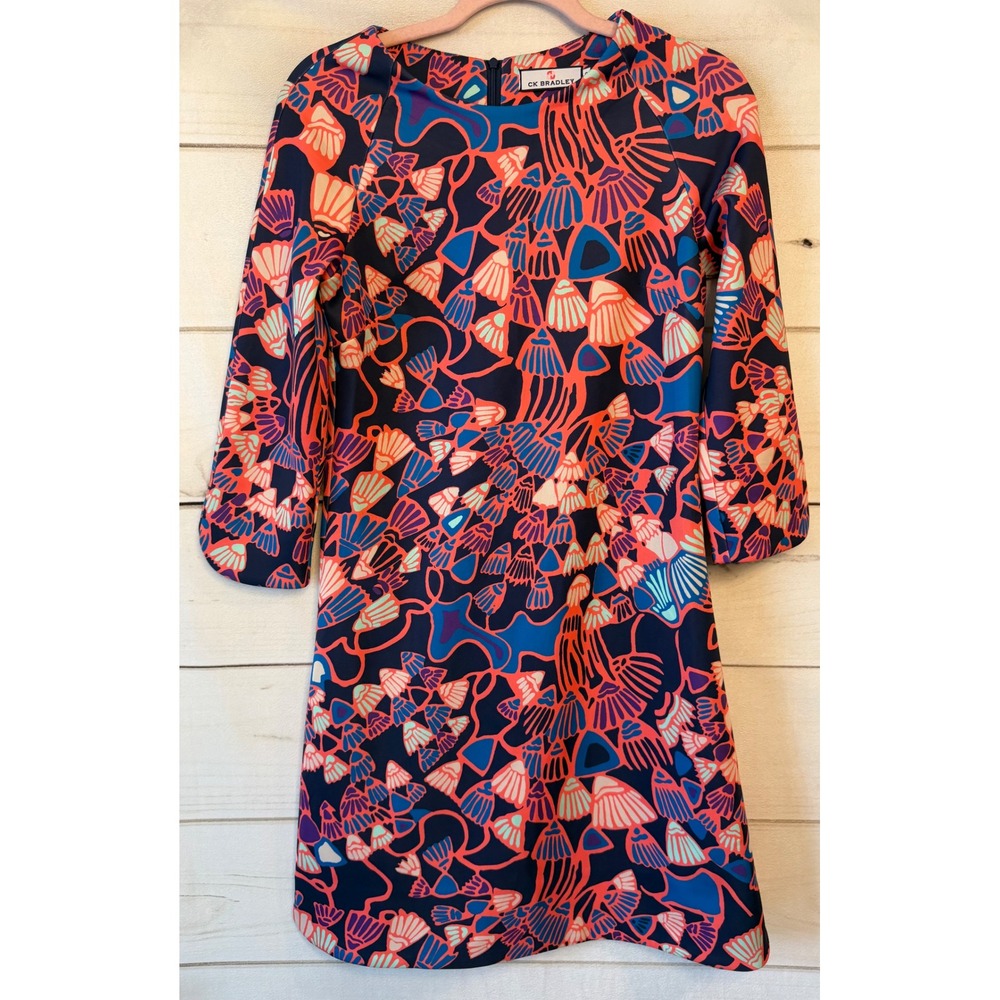 CK Bradley Womens Navy Coral Abstract Shell Print 3/4 Sleeve Shift Dress Size S